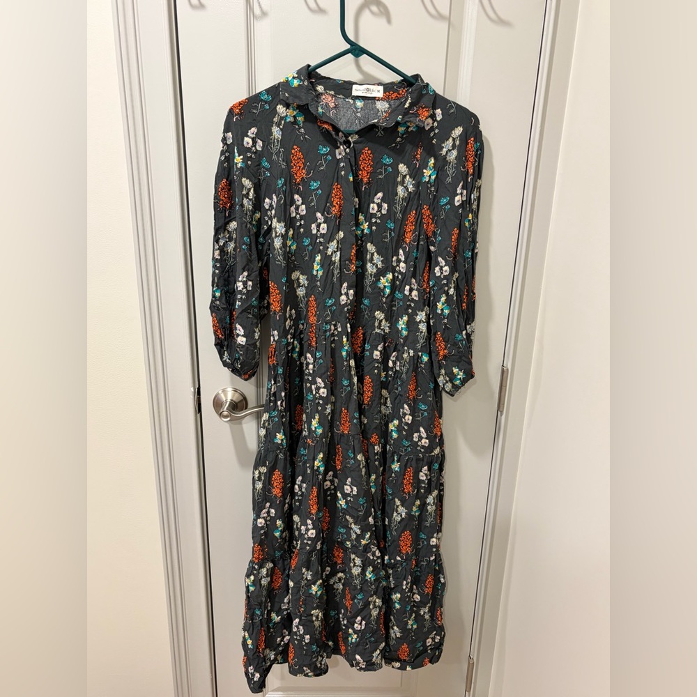 NATURAL LIFE Black Maxi Dress with Orange & Teal Floral Print